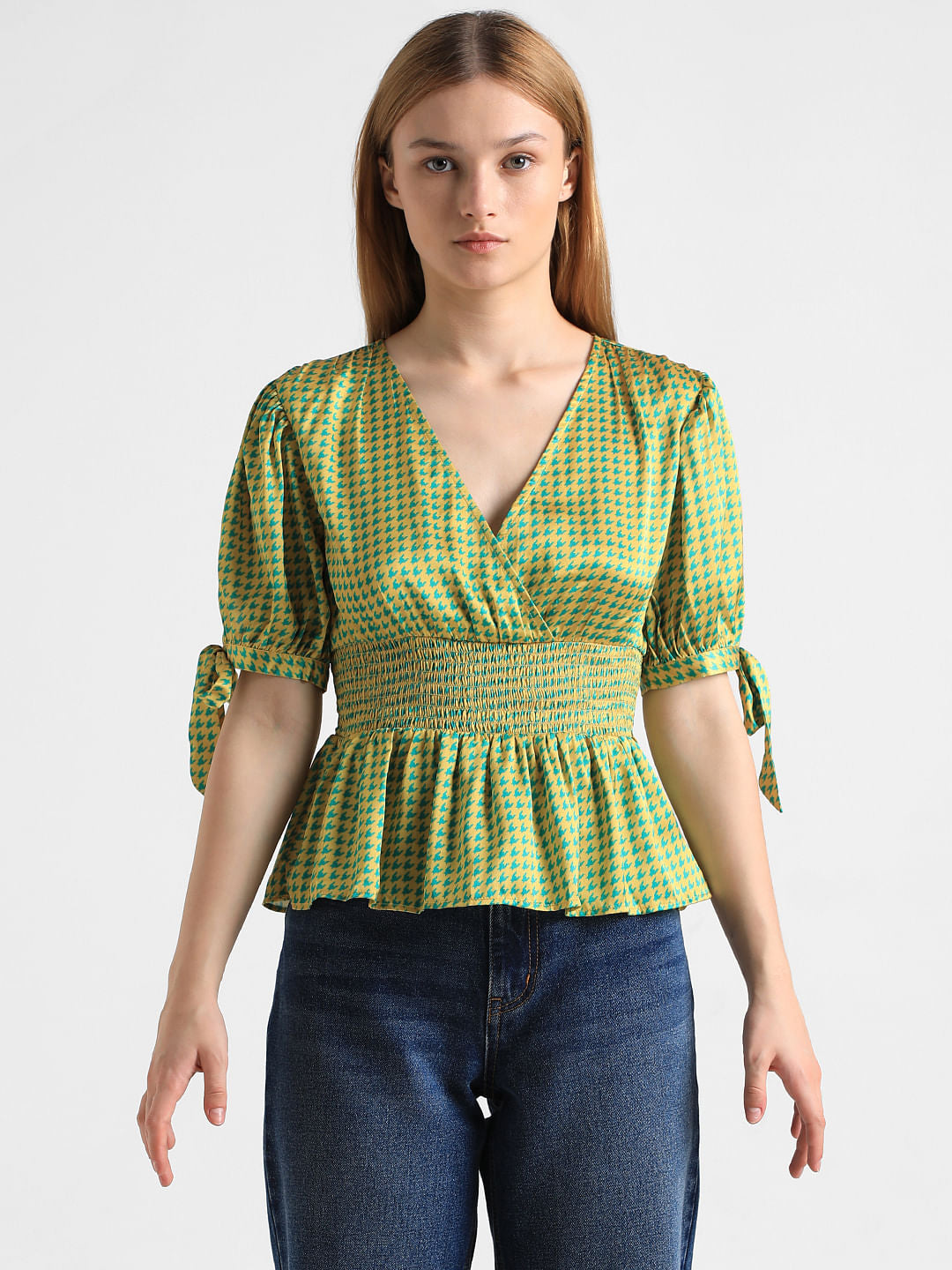 Yellow Houndstooth Print Satin Top