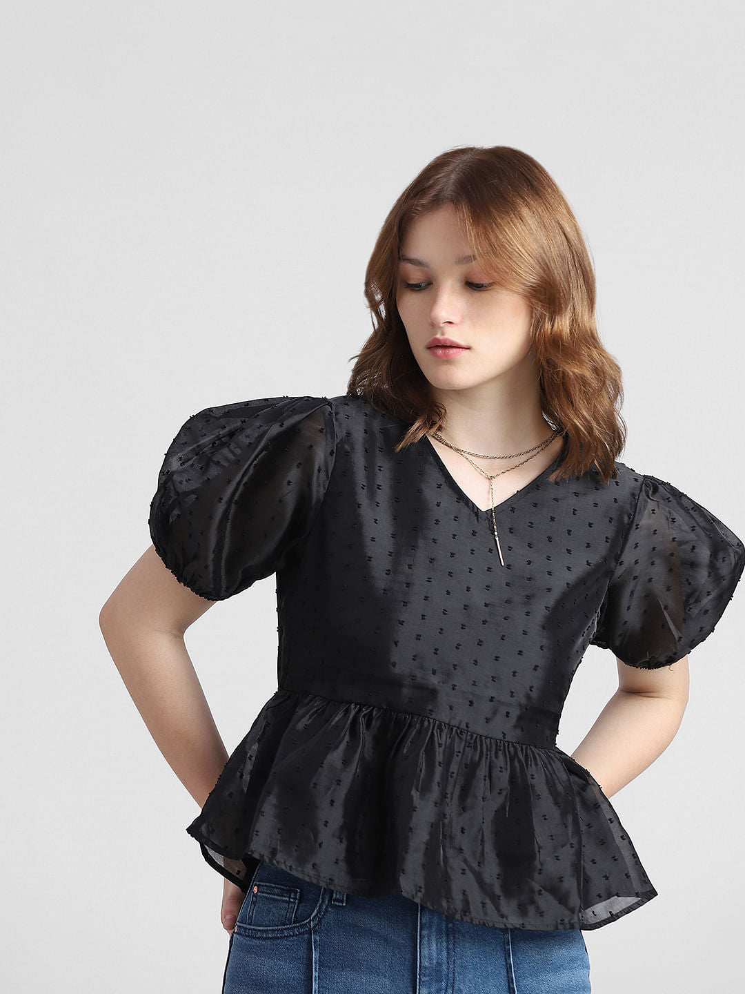 Black Printed Organza Peplum Top