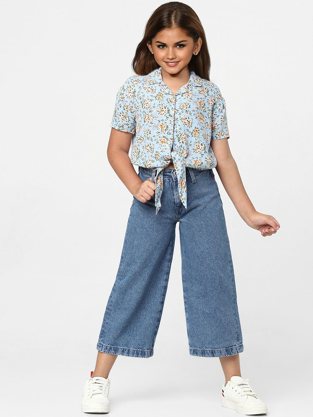 Blue Floral Print Front Tie Shirt