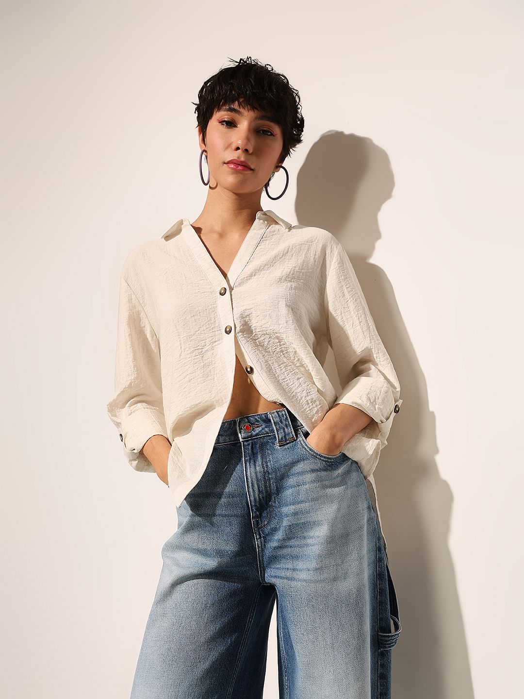 White Linen Blend Fold Up Shirt