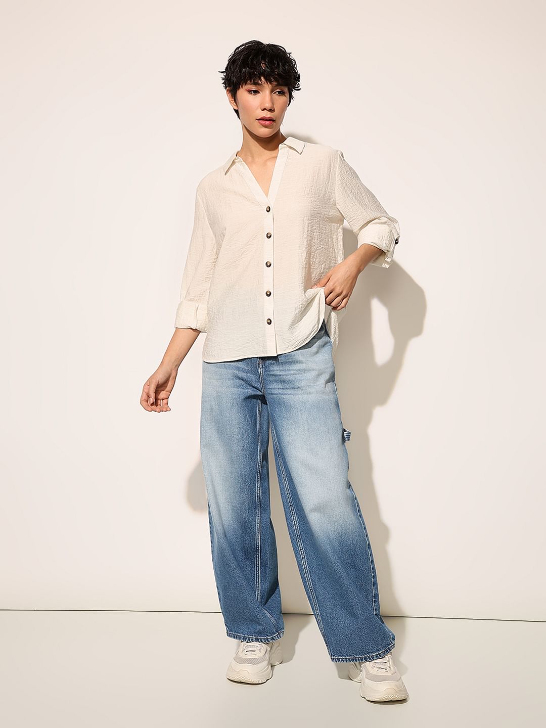 White Linen Blend Fold Up Shirt