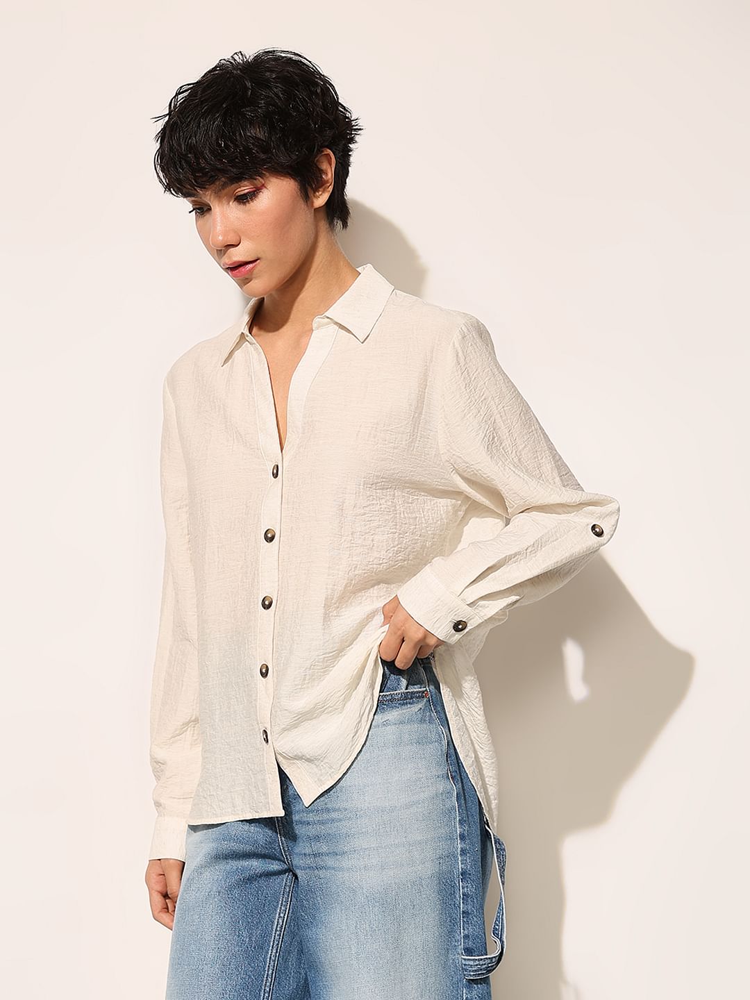 White Linen Blend Fold Up Shirt