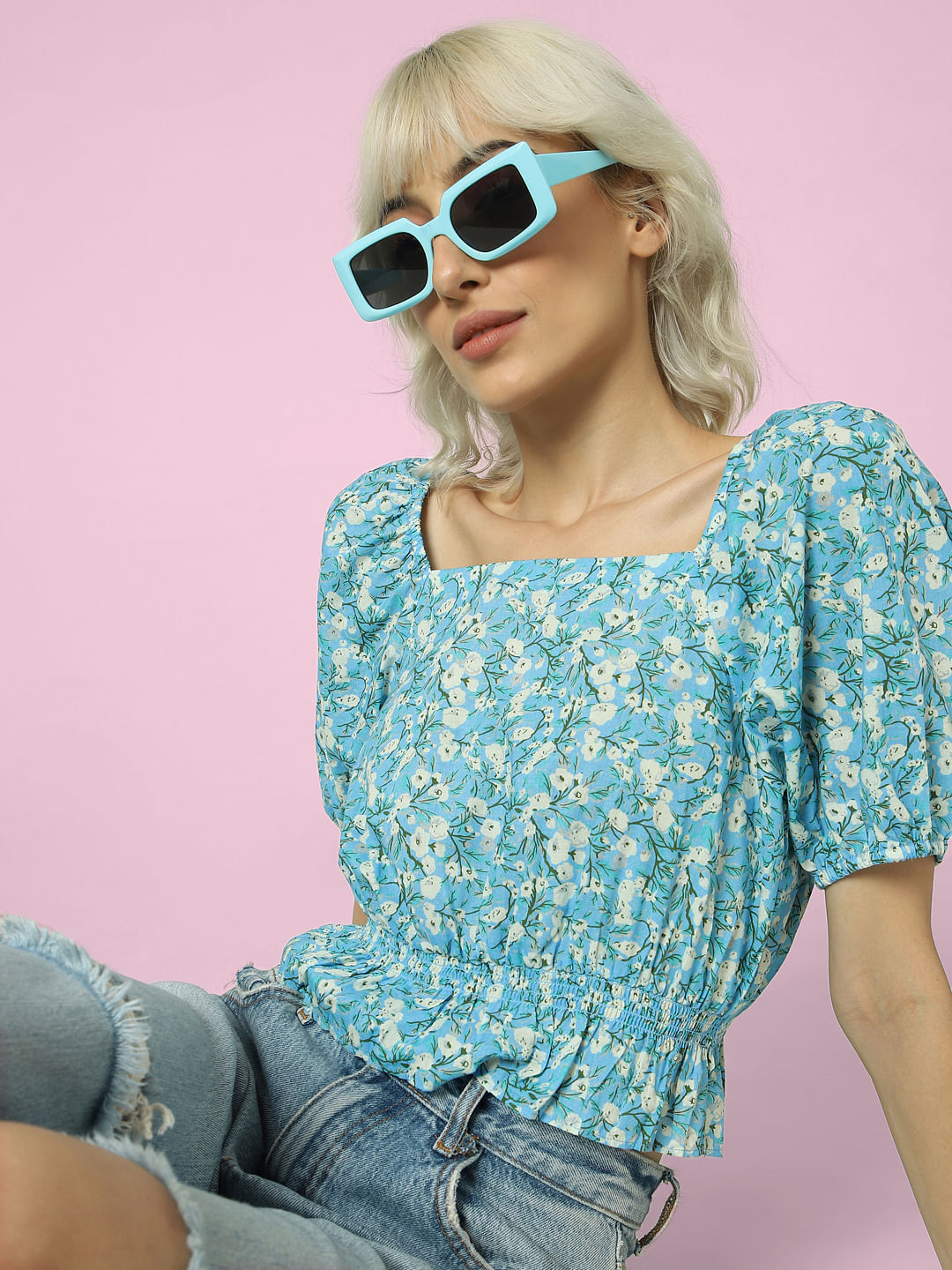 Blue Floral Print Top