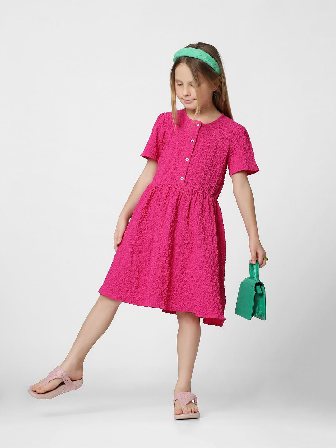 Girls Dark Pink Button Detail Dress