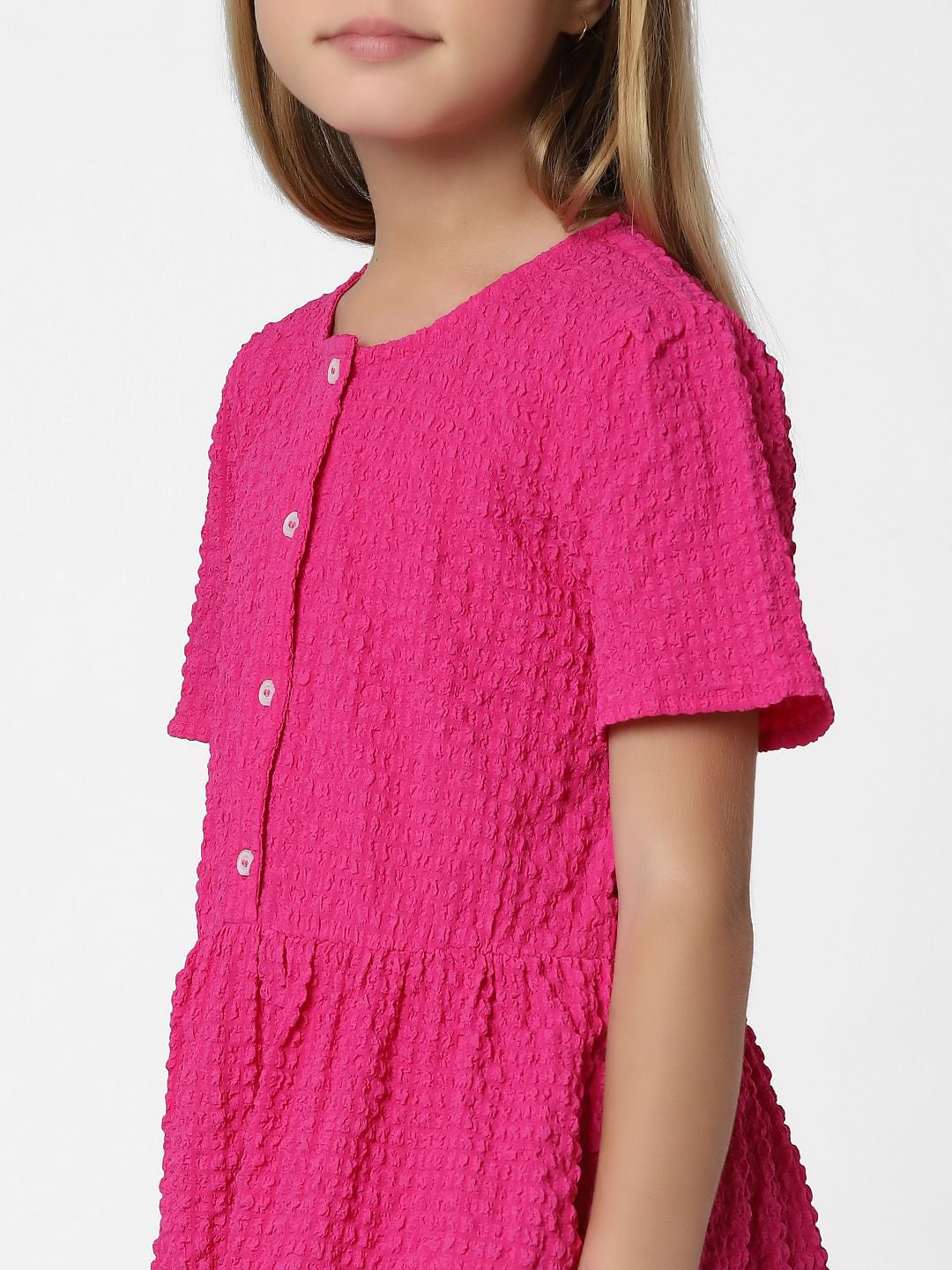 Girls Dark Pink Button Detail Dress