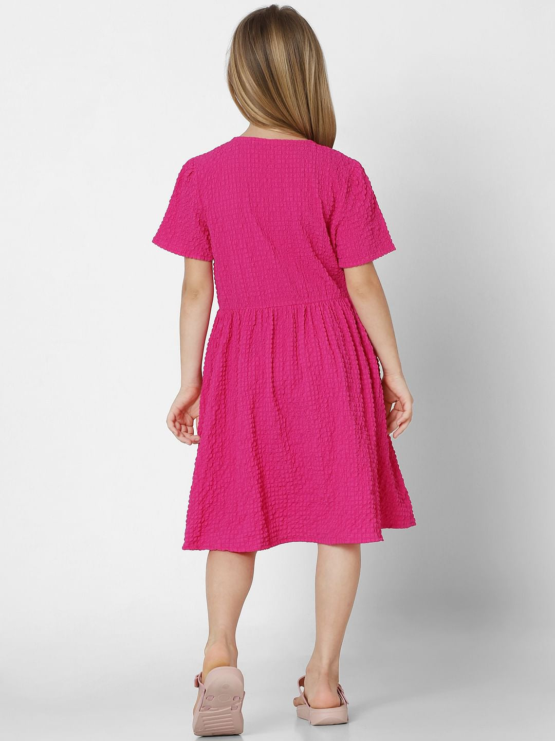 Girls Dark Pink Button Detail Dress