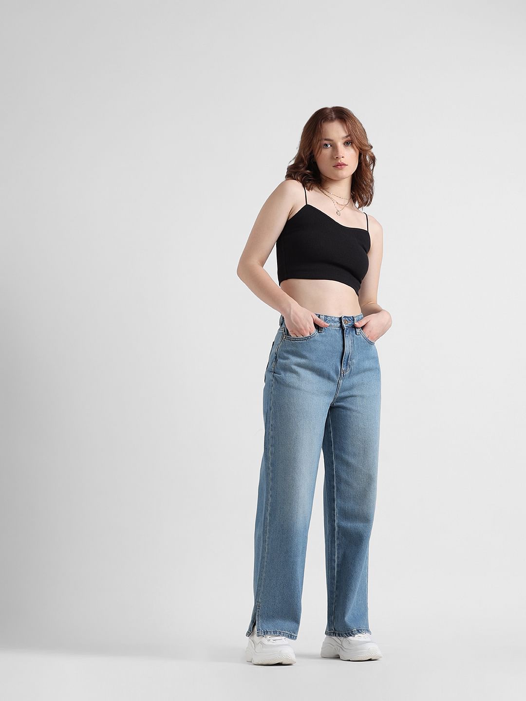 Blue High Rise Wide Leg Jeans