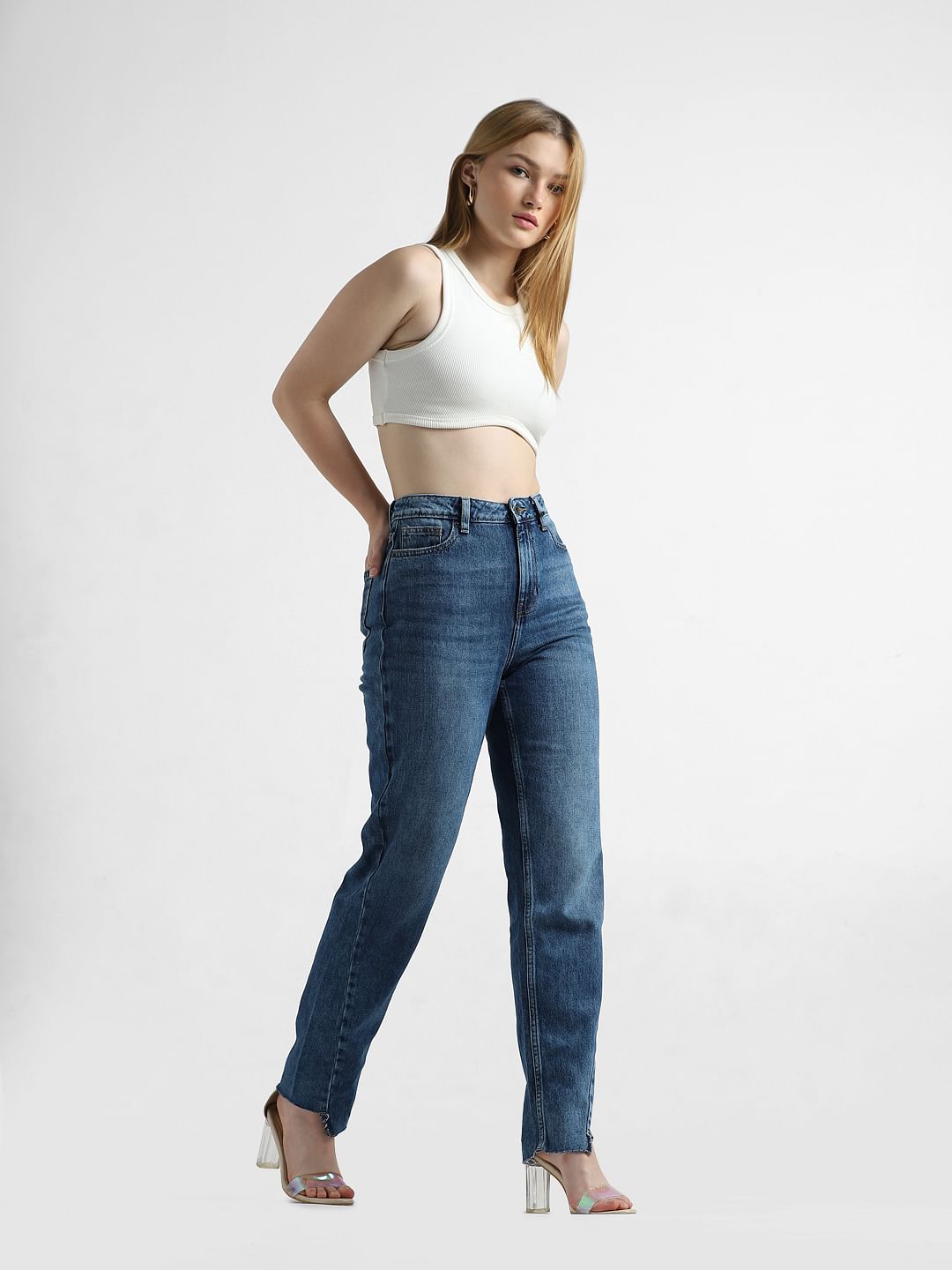 Blue High Rise Mom Fit Jeans