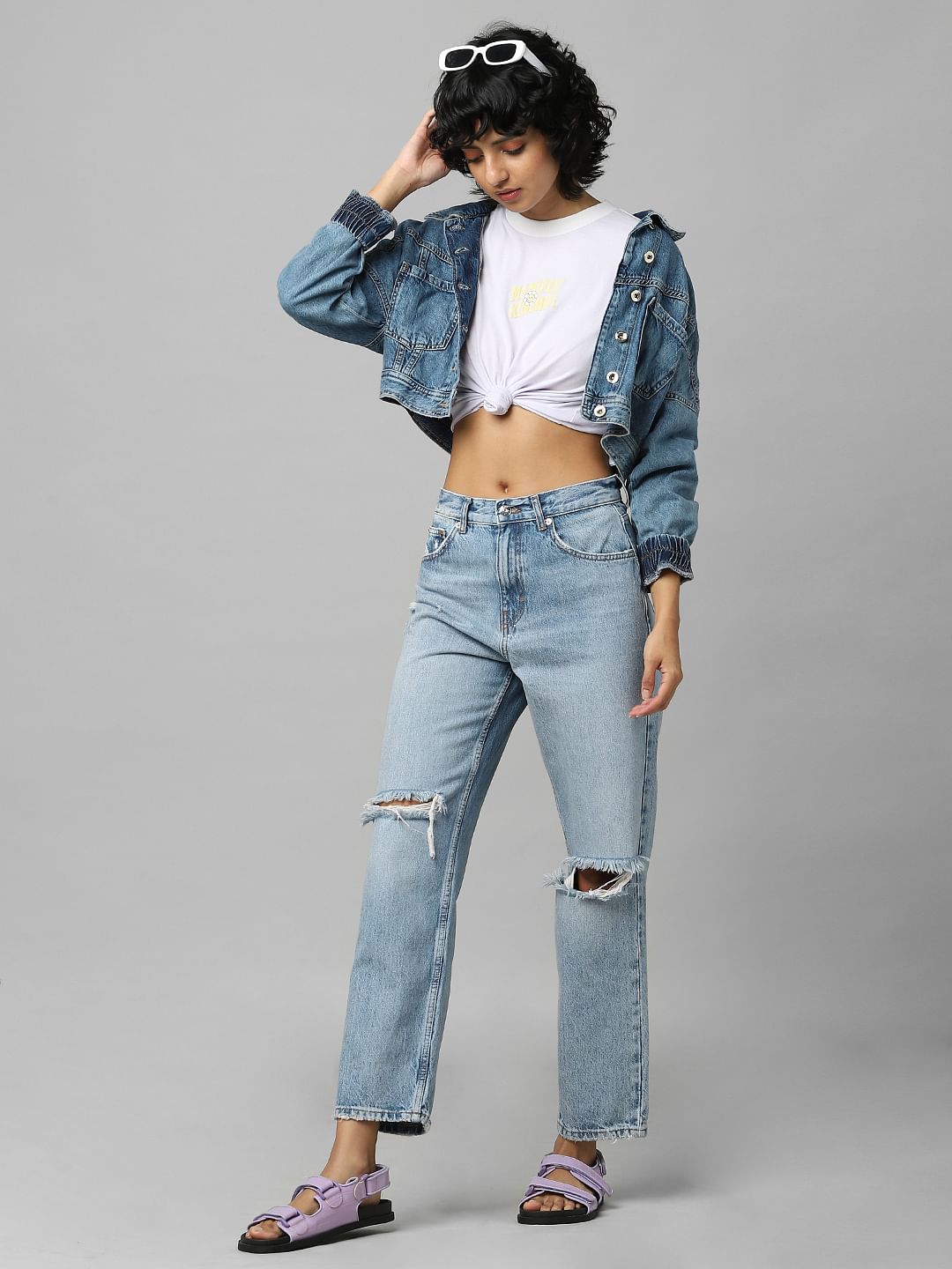 Blue High Rise Distressed Straight Fit Jeans