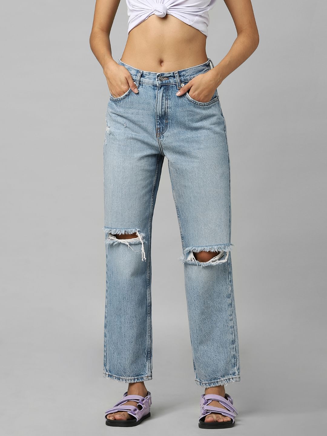 Blue High Rise Distressed Straight Fit Jeans
