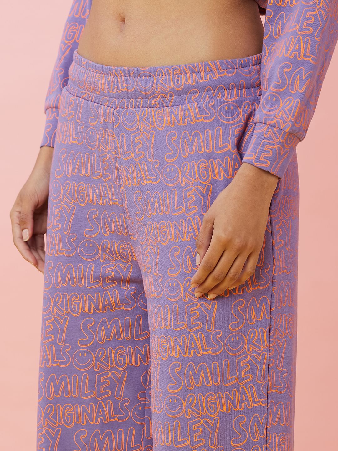 Only X Smiley   Purple Mid Rise Printed Co-Ord Sweatpants