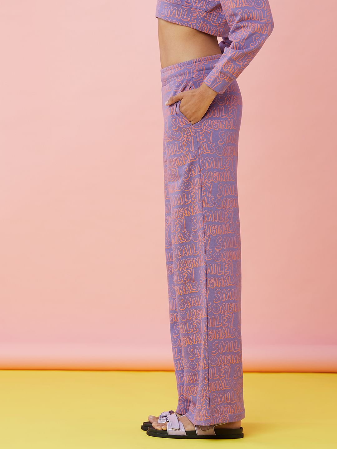Only X Smiley   Purple Mid Rise Printed Co-Ord Sweatpants