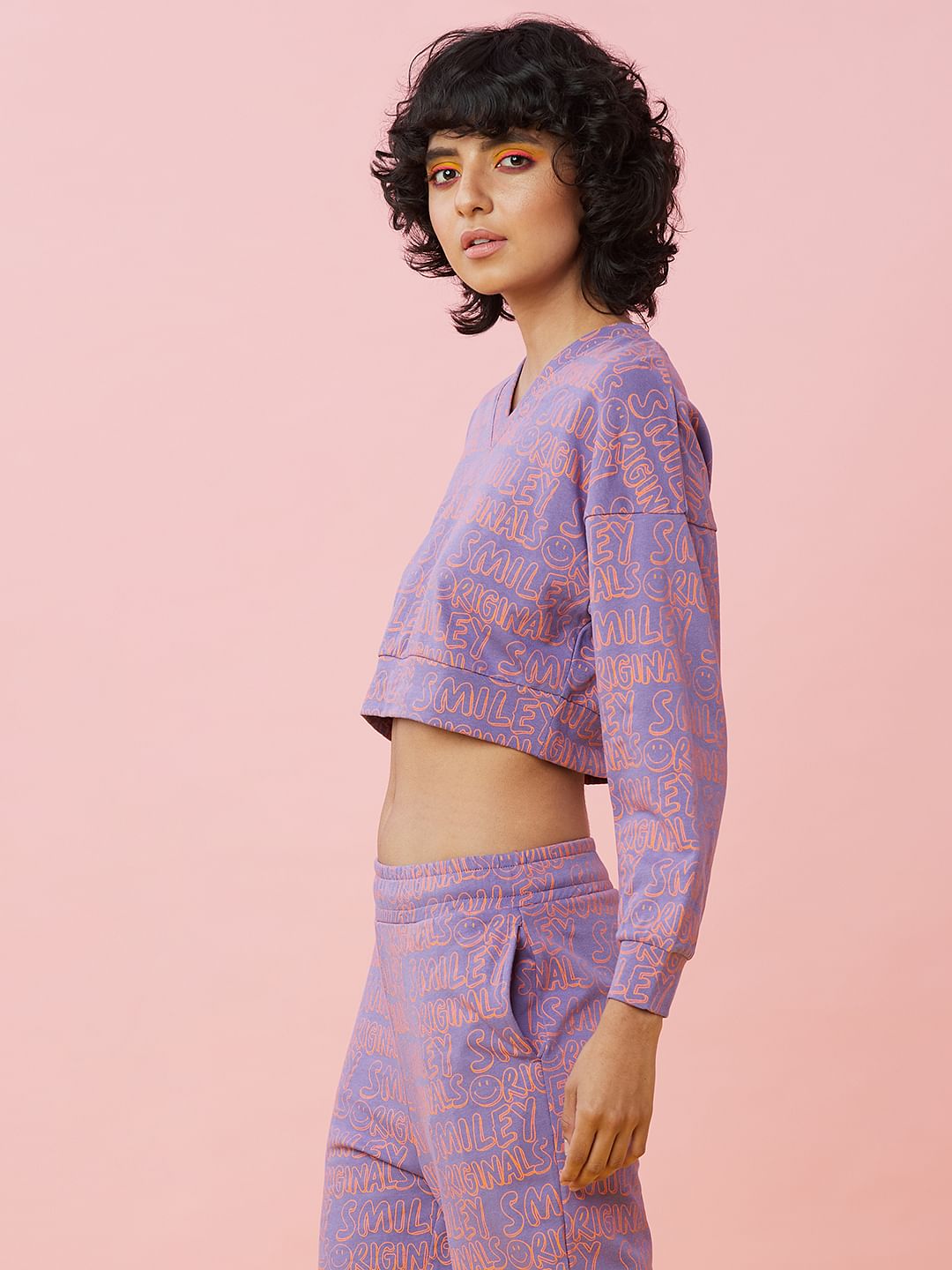 Only X Smiley   Purple Printed Co-Ord Sweatshirt
