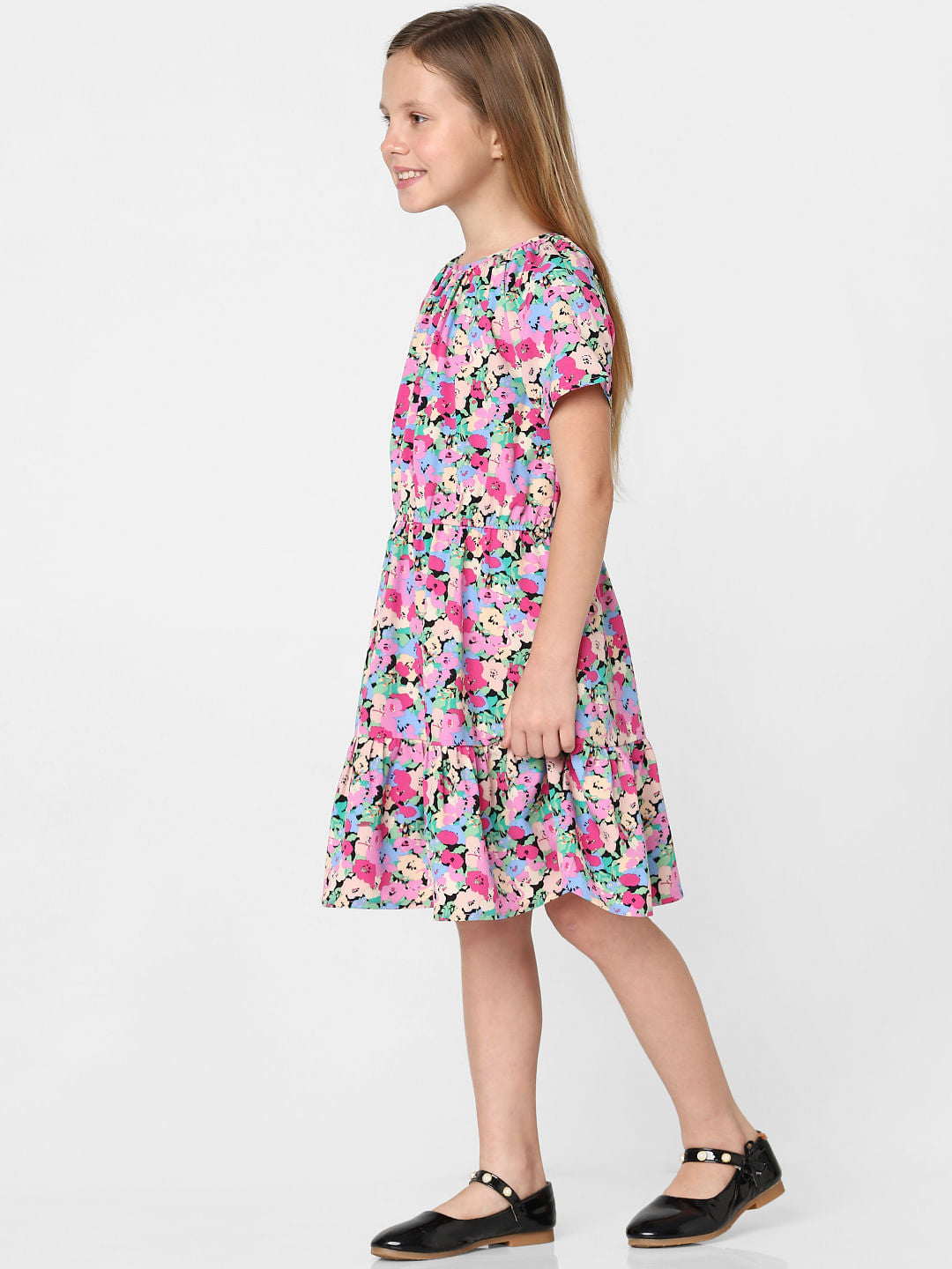 Girls Black Floral Print A-Line Dress