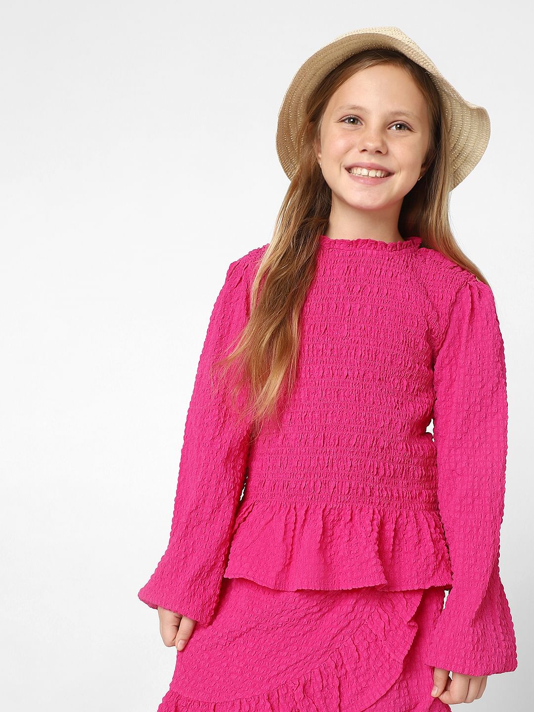 Girls Pink Smocked Co-Ord Set Top