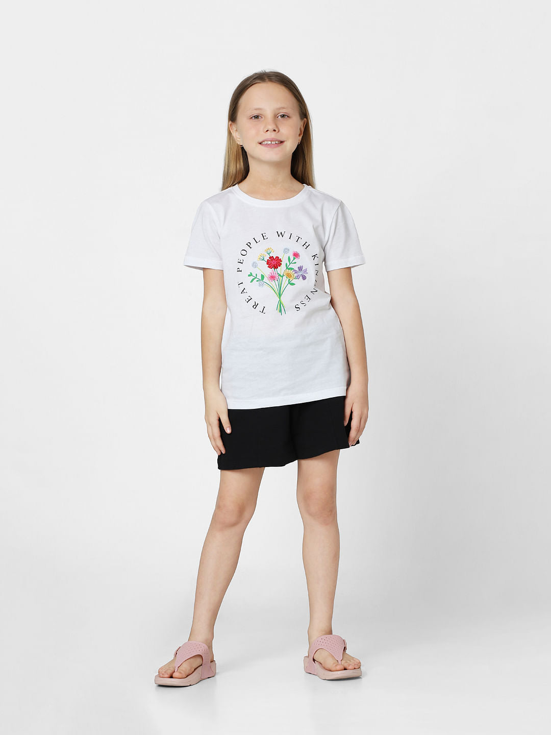 Girls White Floral Print T-Shirt