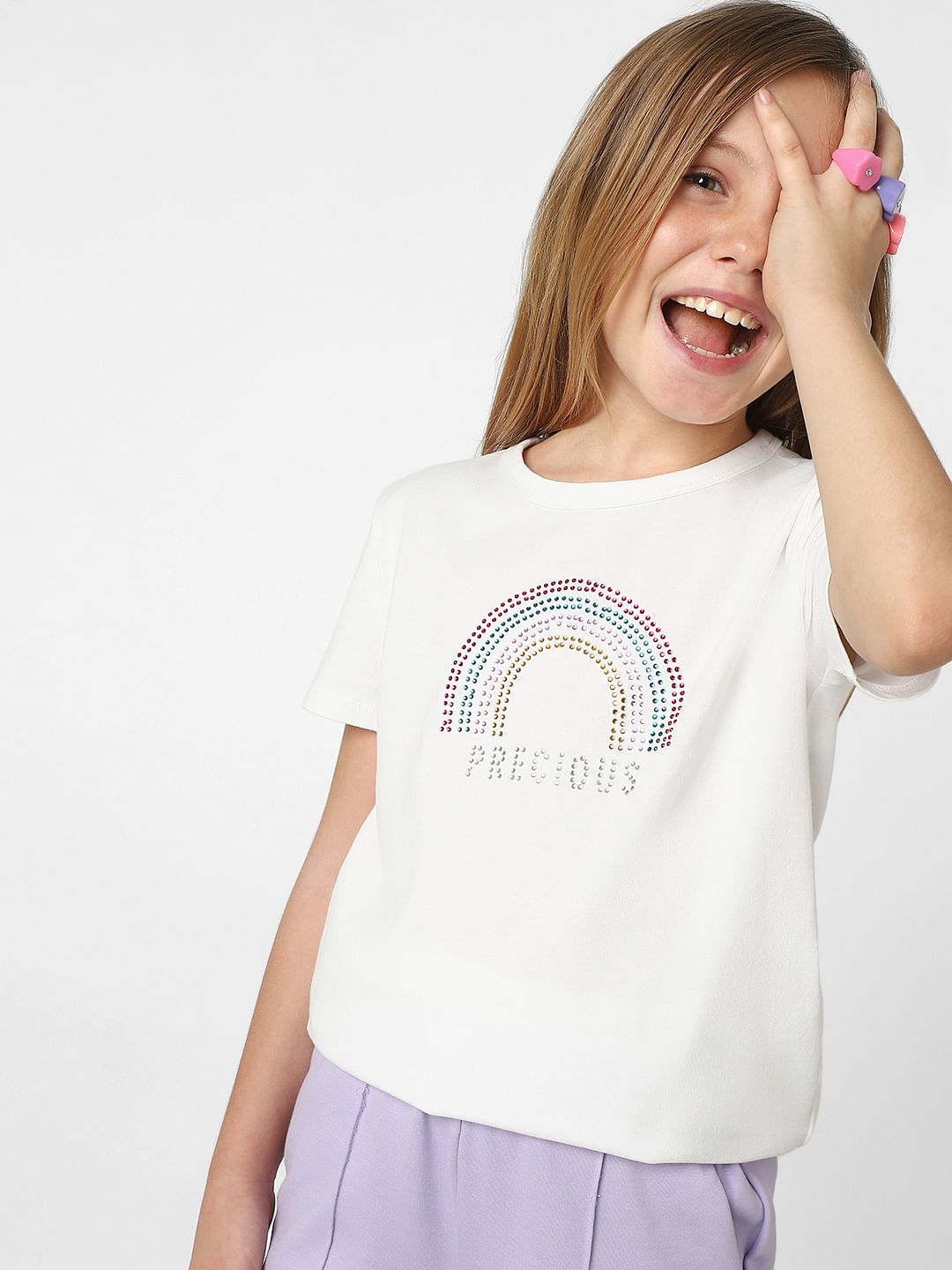 Girls White Rhinestone Detail T-Shirt