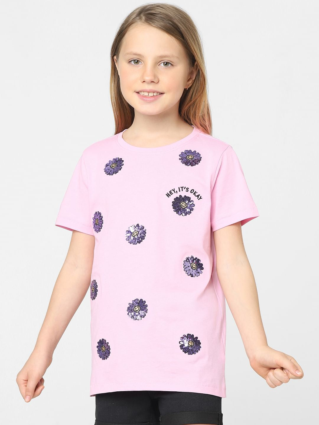 Girls Pink Floral Print T-Shirt