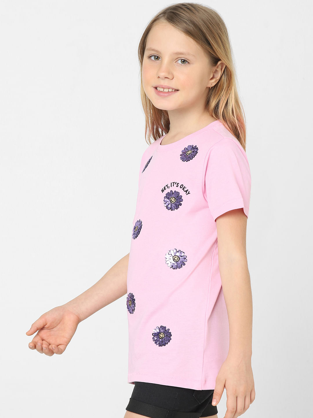 Girls Pink Floral Print T-Shirt