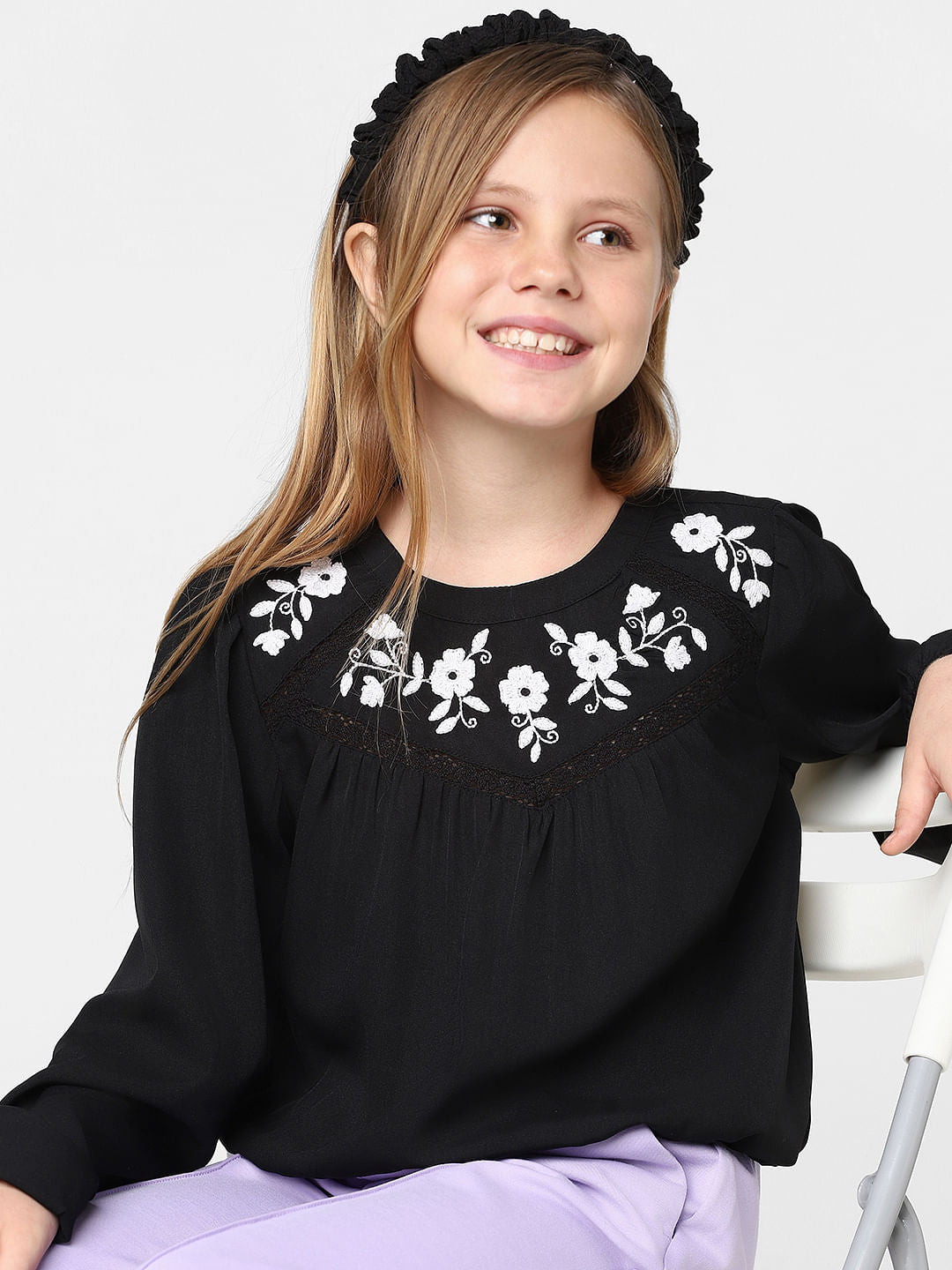 Girls Black Embroidered Smocked Top