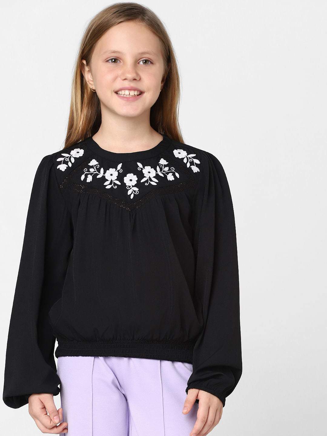 Girls Black Embroidered Smocked Top