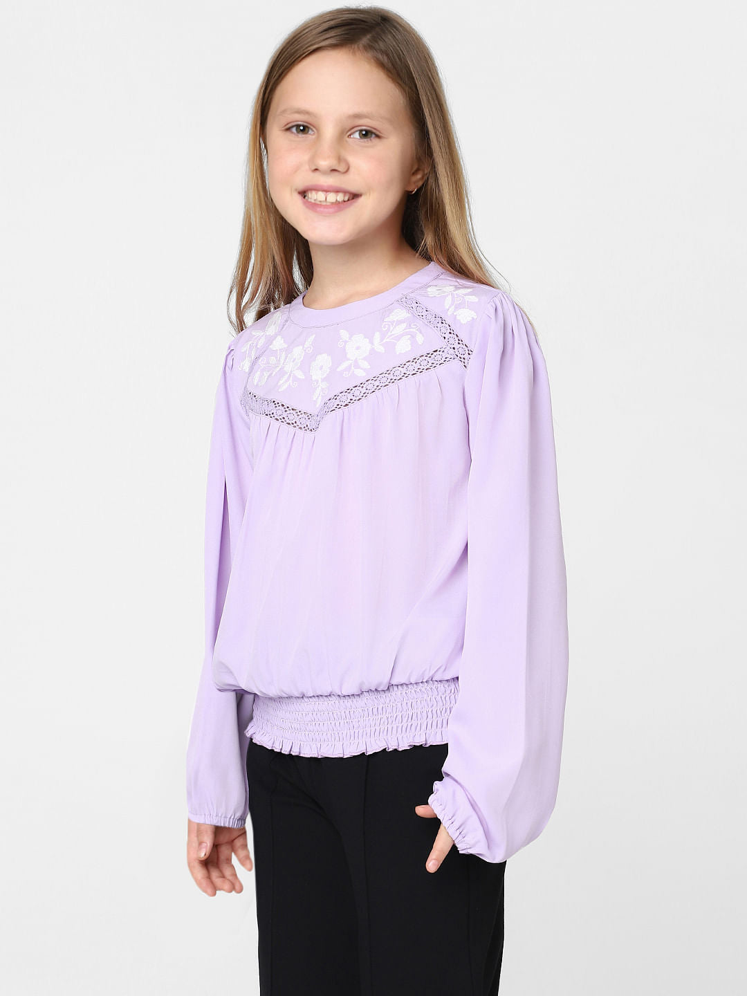 Girls Purple Embroidered Smocked Top