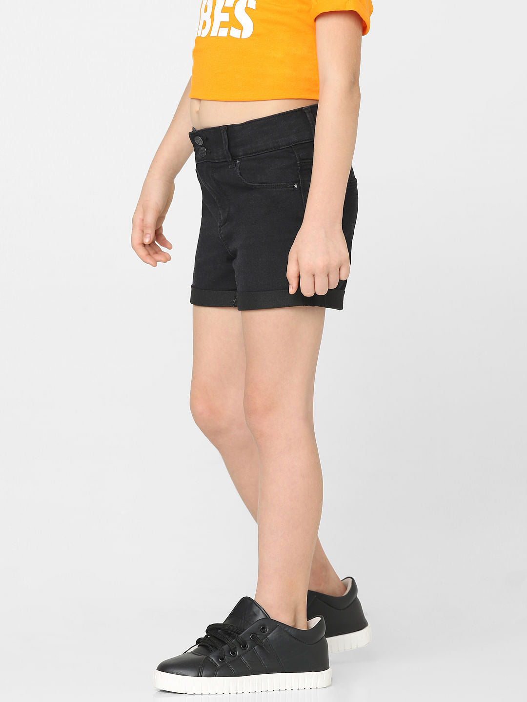 Girls Black Mid Rise Denim Shorts