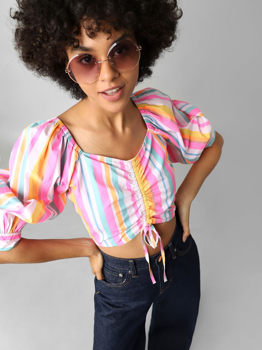 Multi-Colour Striped Cropped Ruched Top