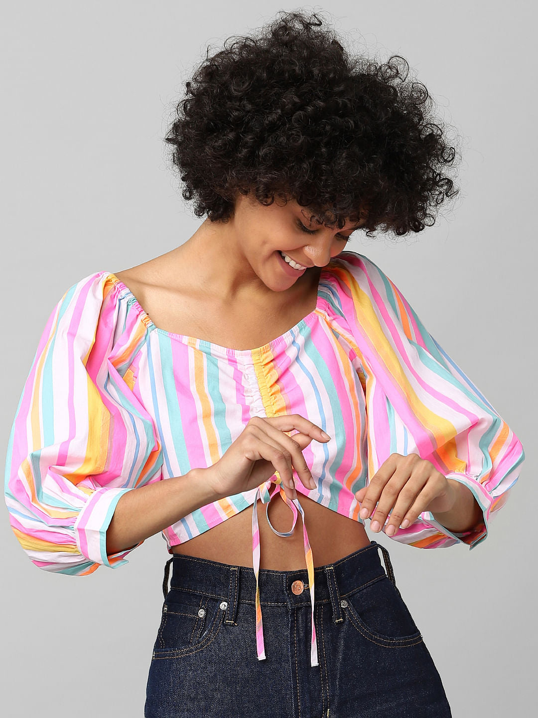 Multi-Colour Striped Cropped Ruched Top