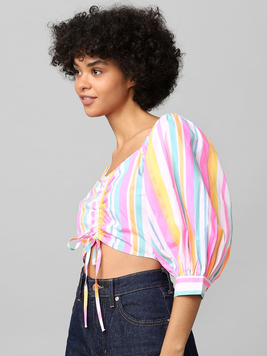Multi-Colour Striped Cropped Ruched Top