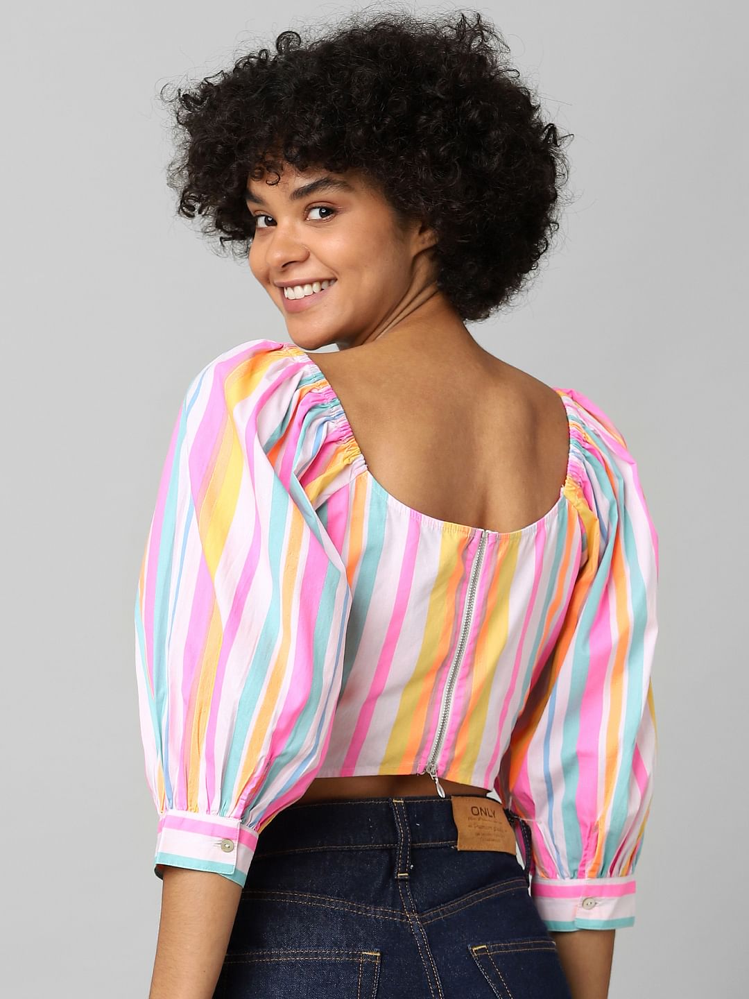 Multi-Colour Striped Cropped Ruched Top