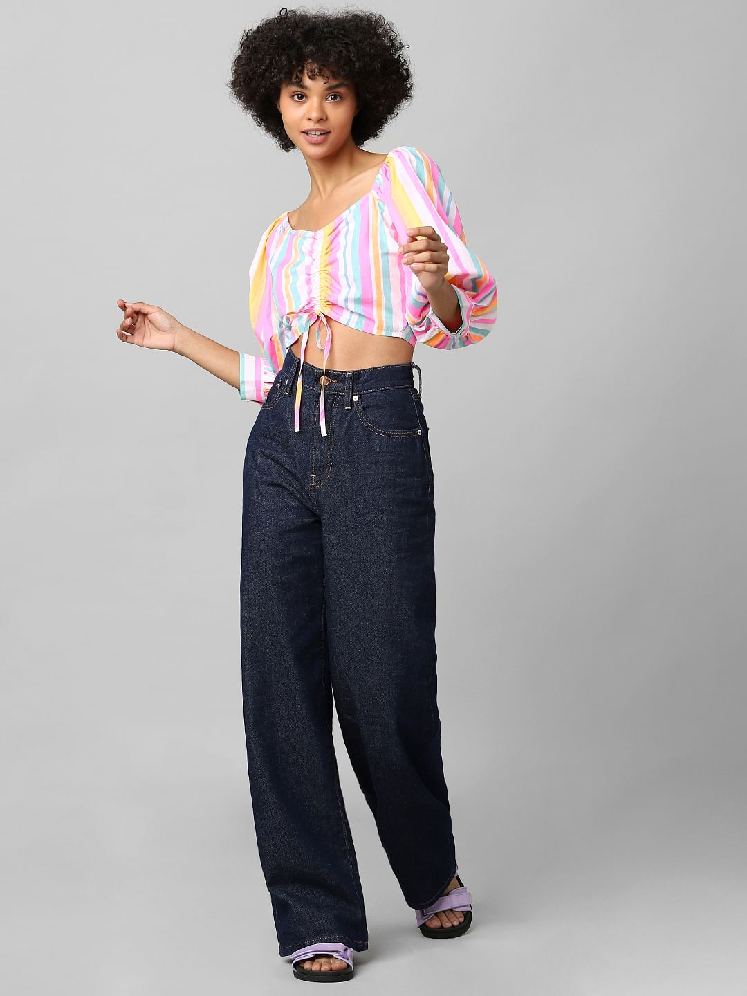 Multi-Colour Striped Cropped Ruched Top