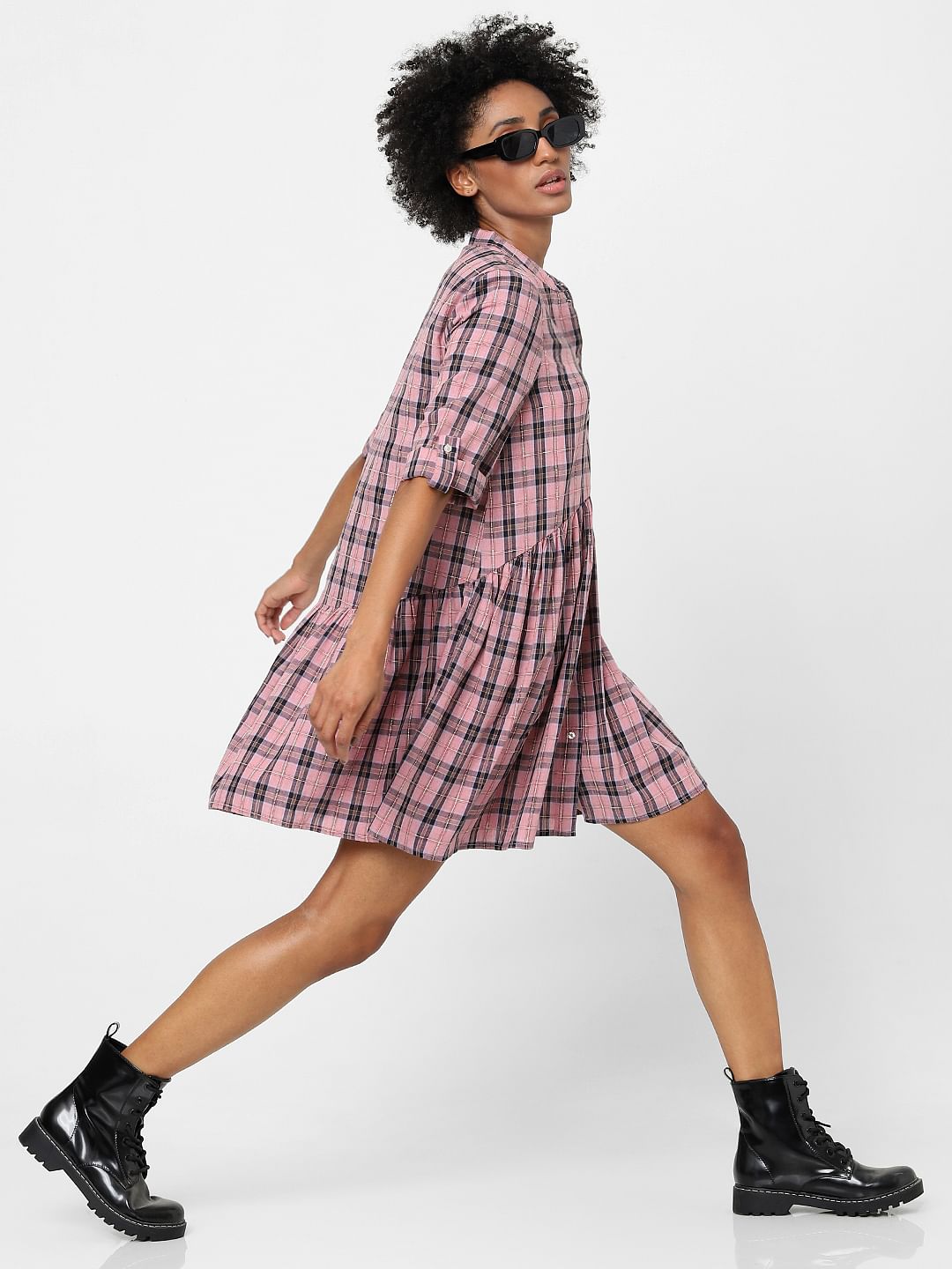 Pink Checked Shirt Dress