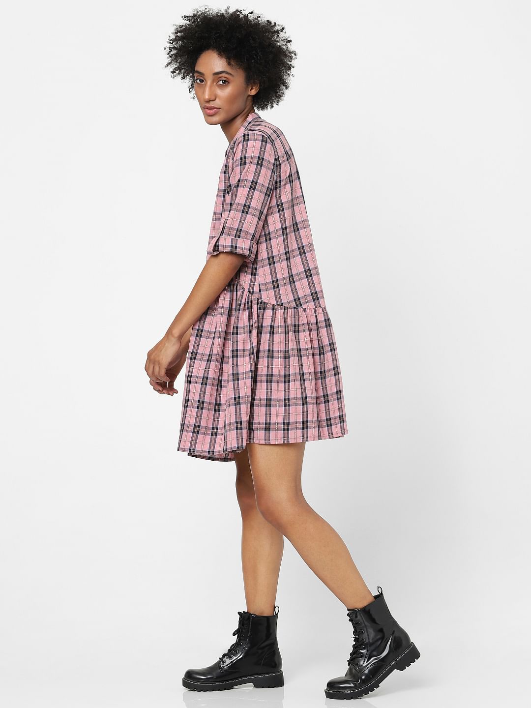 Pink Checked Shirt Dress