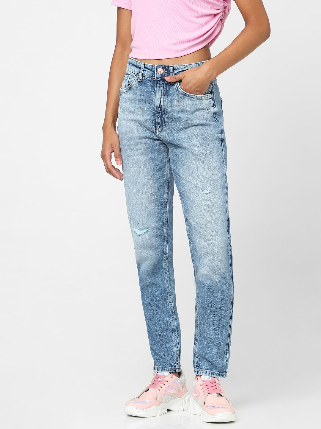 Blue High Waist Faded Mom Jeans