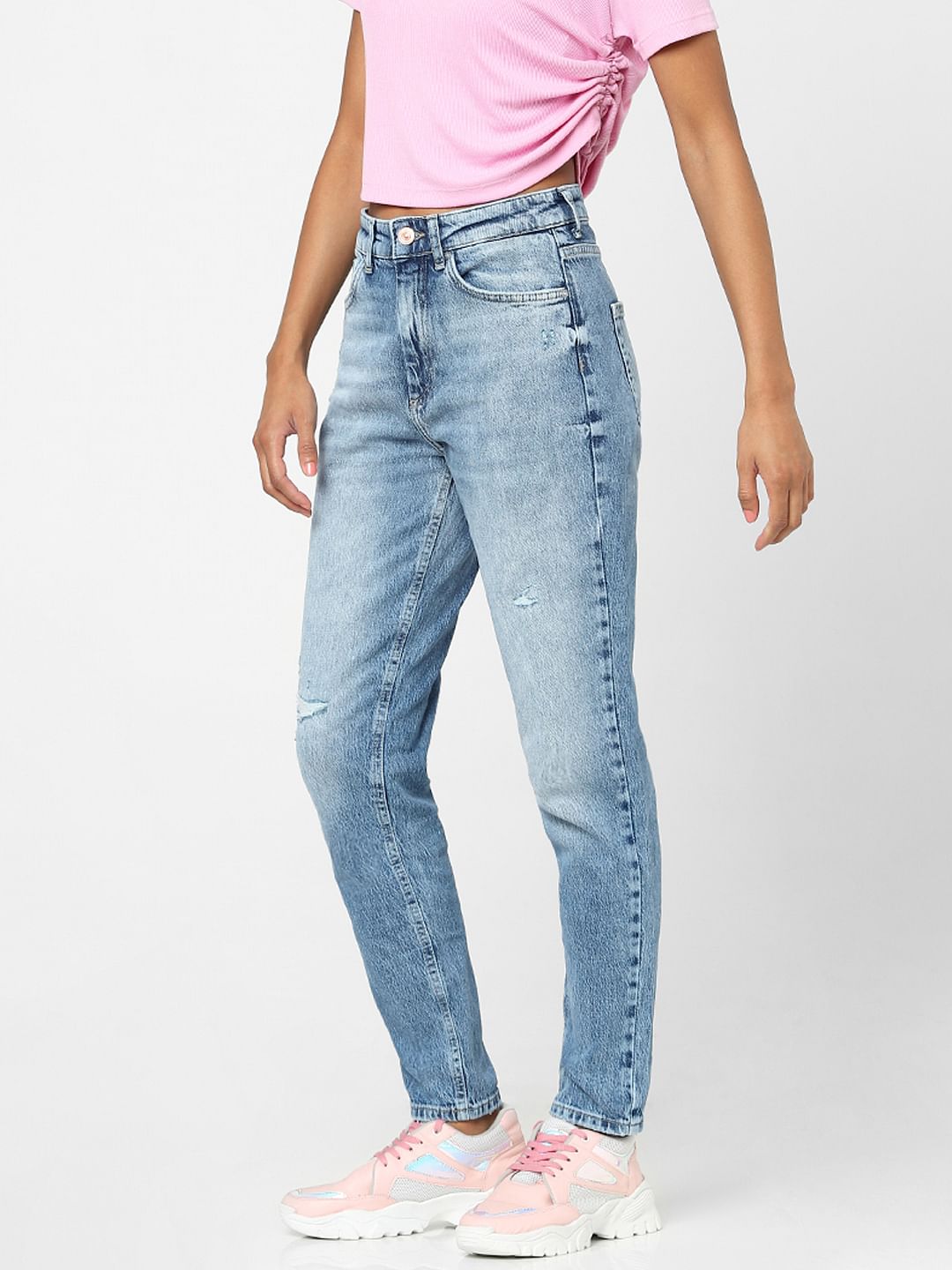 Blue High Waist Faded Mom Jeans