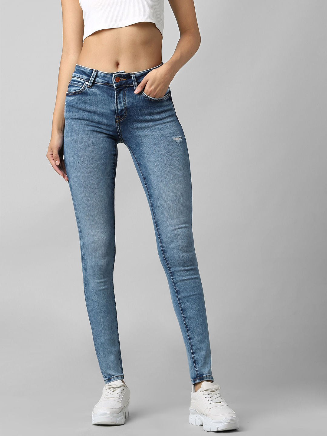 Blue High Rise Distressed Skinny Jeans
