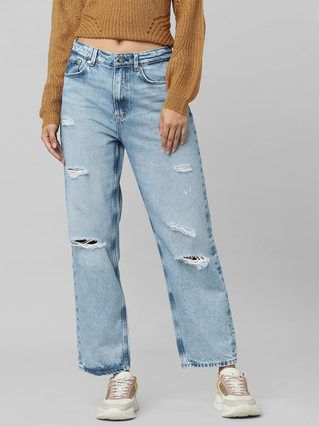 Blue High Rise Distressed Boyfriend Jeans