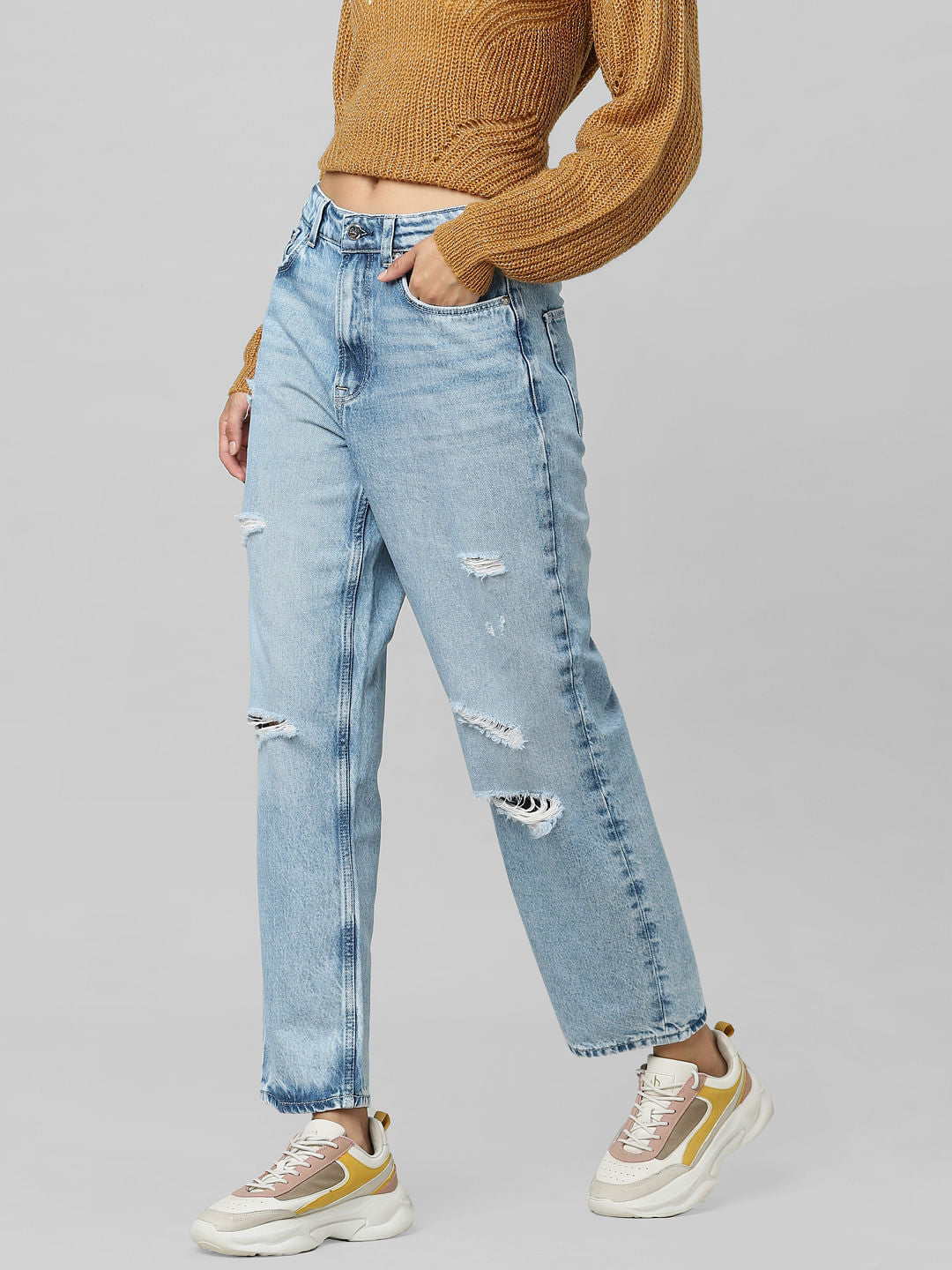 Blue High Rise Distressed Boyfriend Jeans