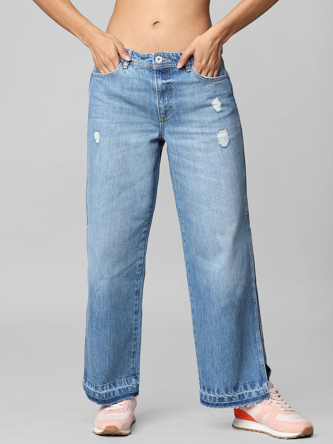 Blue Mid Rise Side-Slit Wide Leg Jeans
