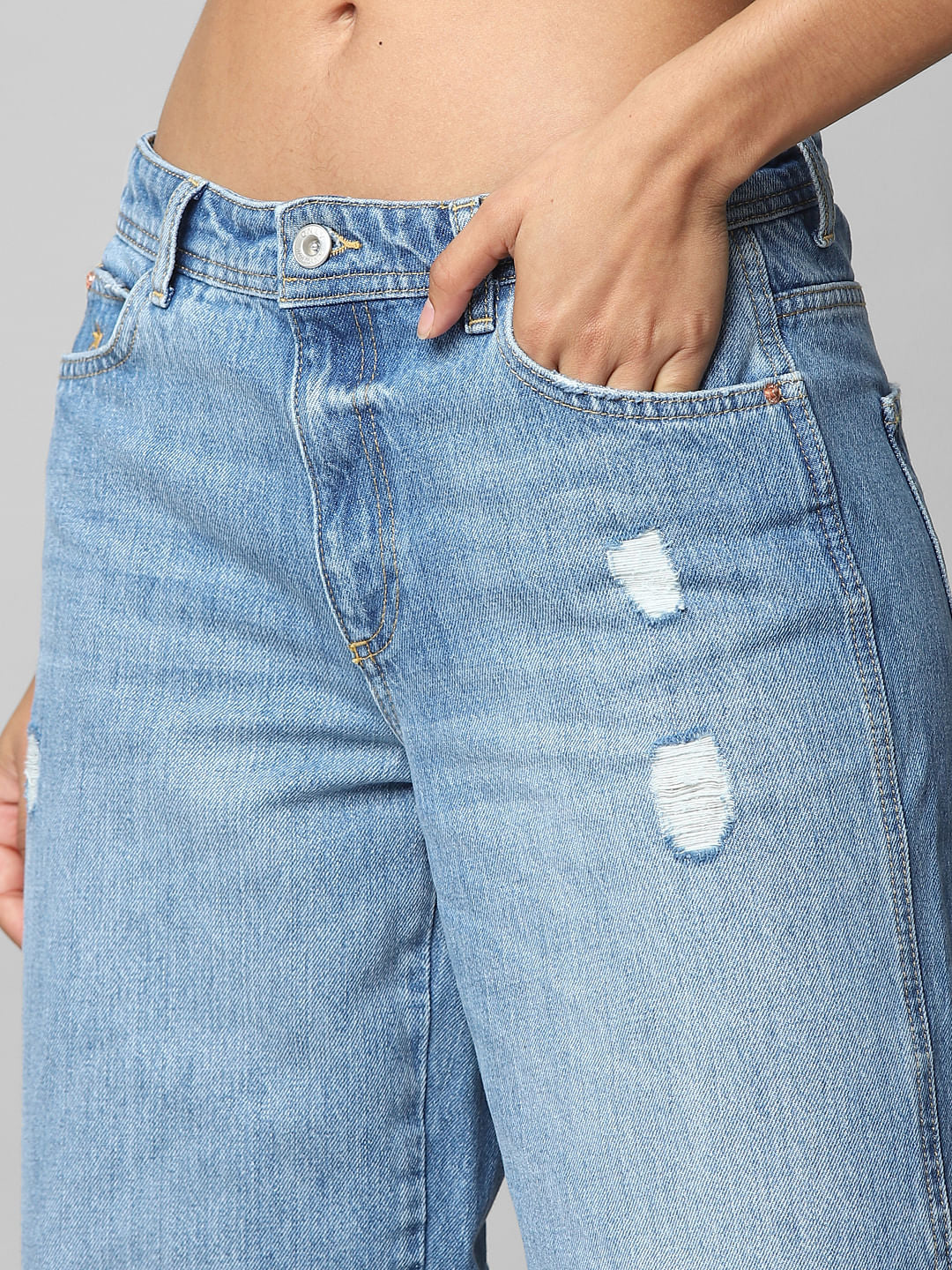 Blue Mid Rise Side-Slit Wide Leg Jeans