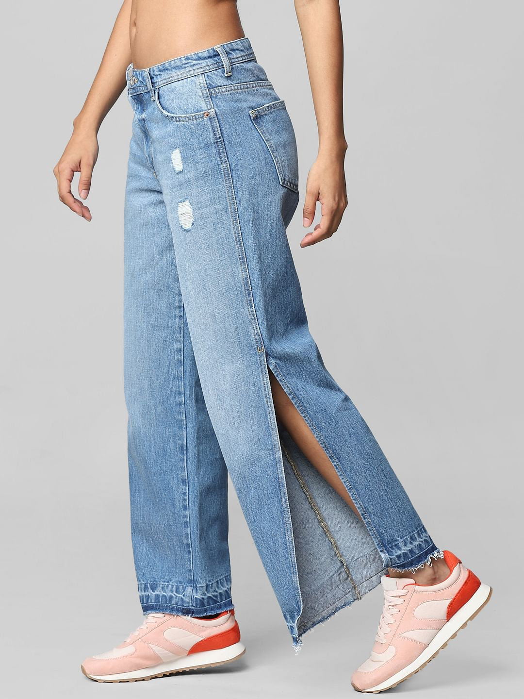 Blue Mid Rise Side-Slit Wide Leg Jeans