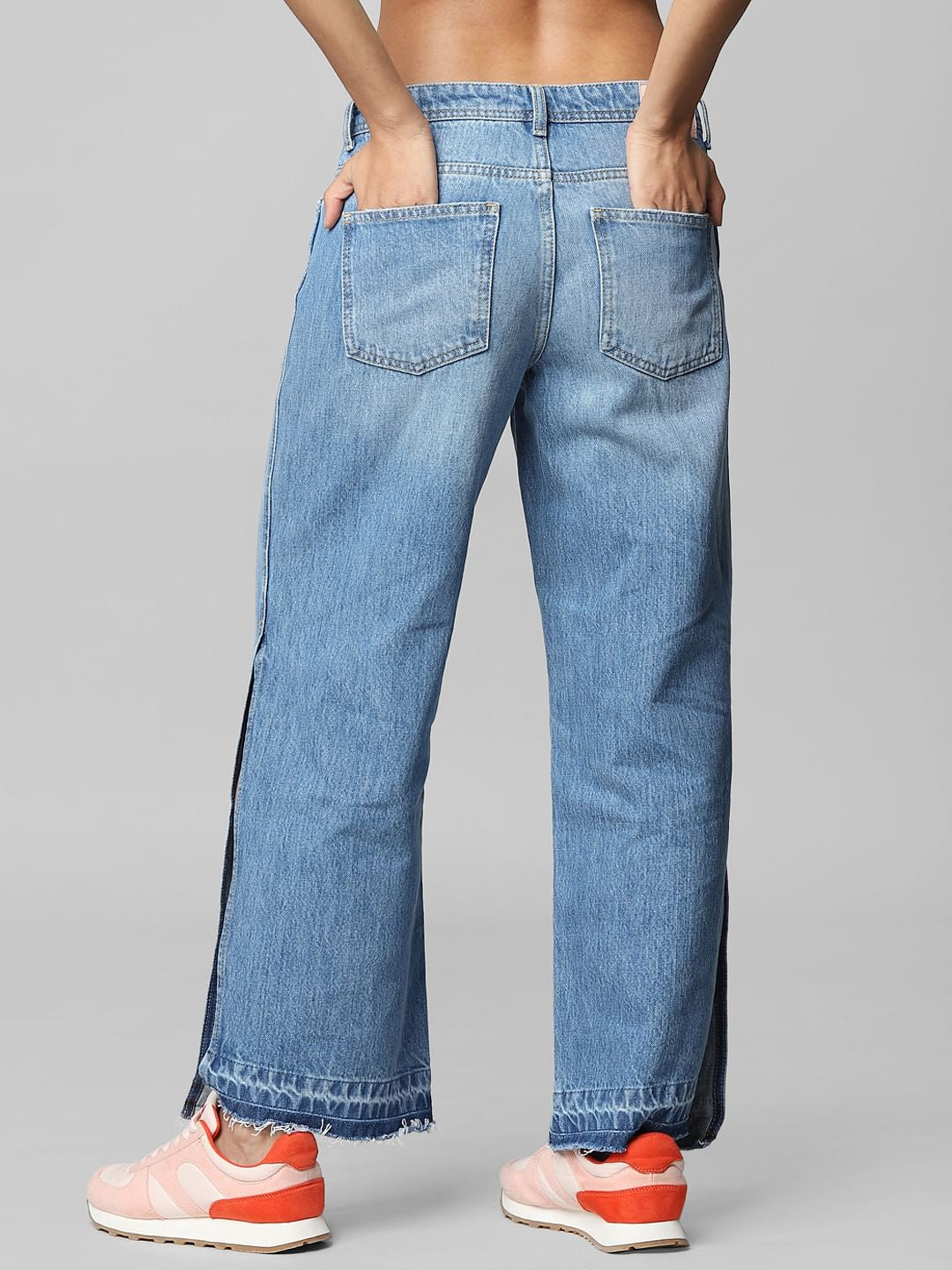 Blue Mid Rise Side-Slit Wide Leg Jeans