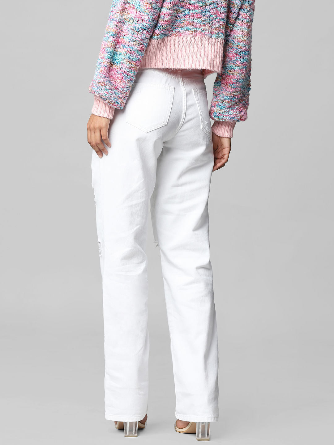 White High Rise Ripped Straight Jeans