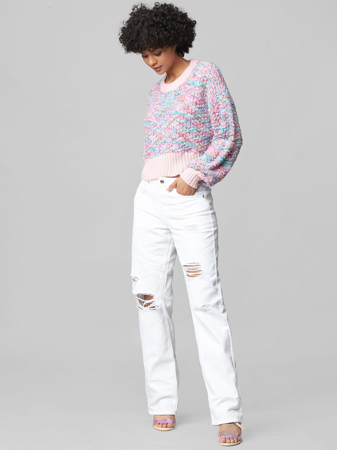 White High Rise Ripped Straight Jeans