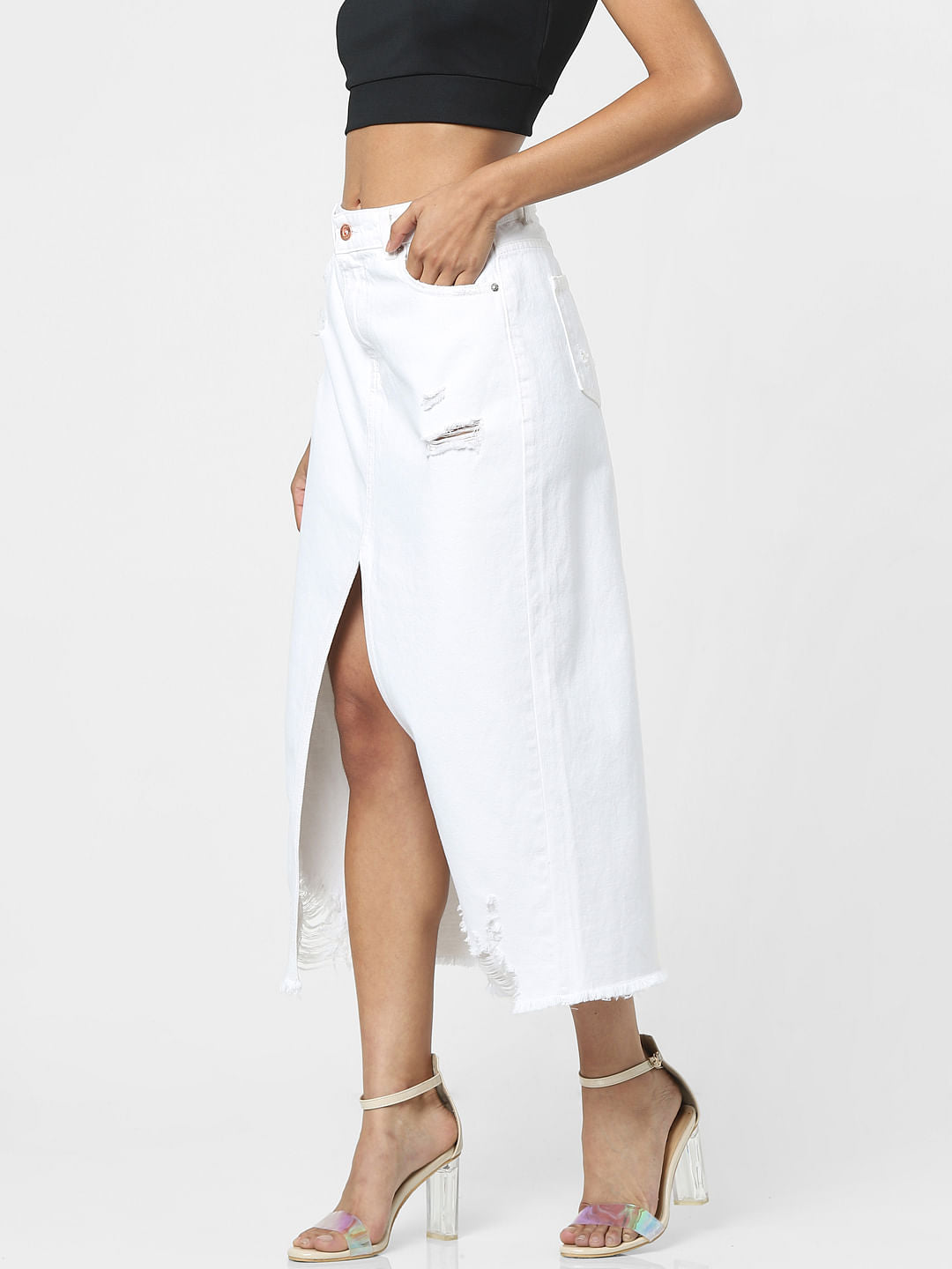 White High Waist Denim Skirt