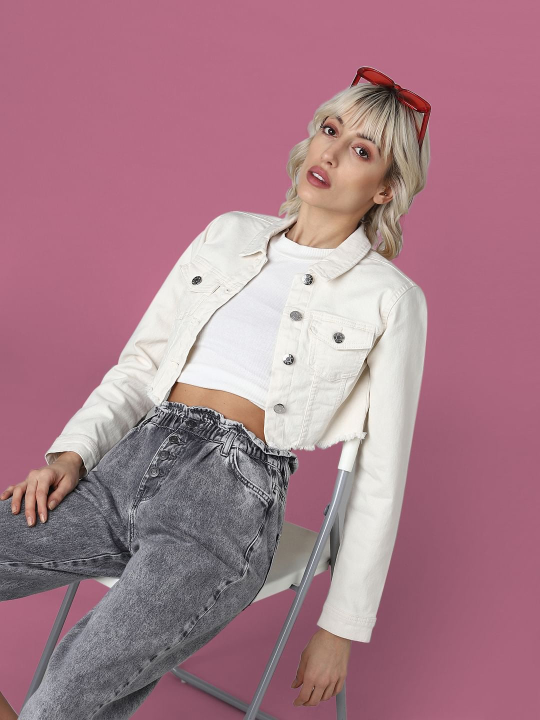 Beige Cropped Denim Jacket