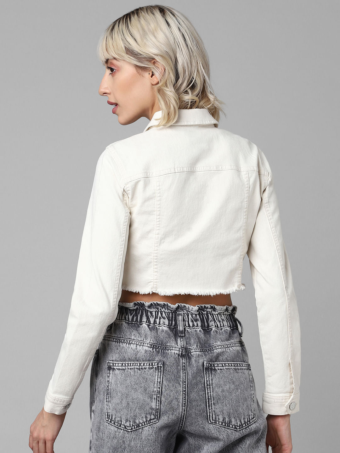 Beige Cropped Denim Jacket