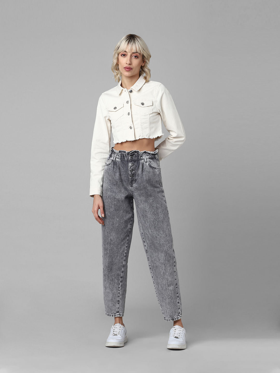 Beige Cropped Denim Jacket