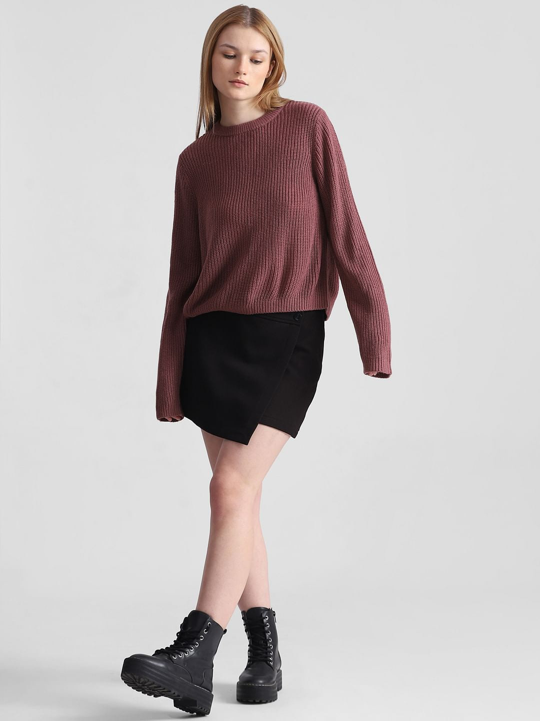 Rose Brown Rib-Knit Pullover